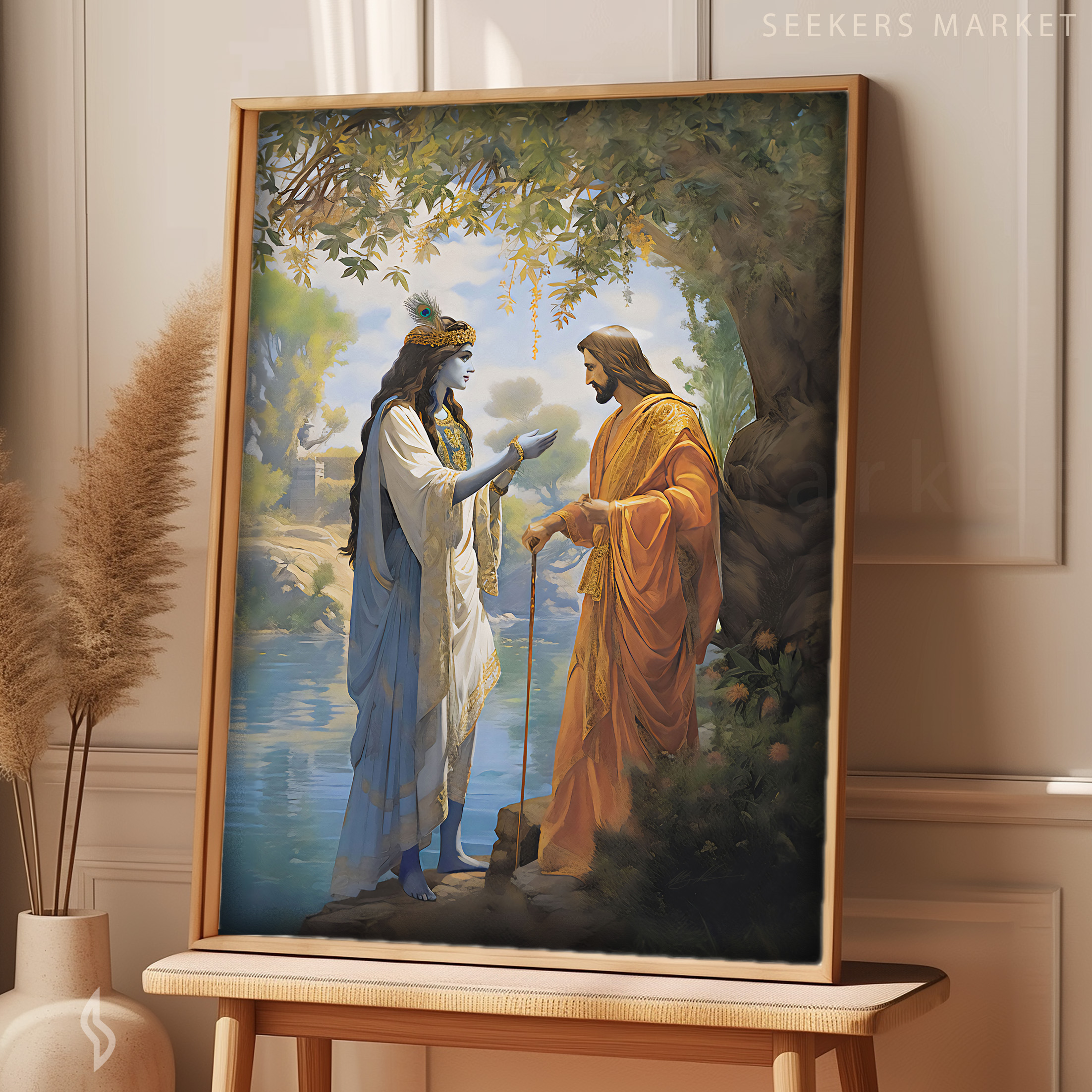 Framed spiritual artwork styled in a home interior